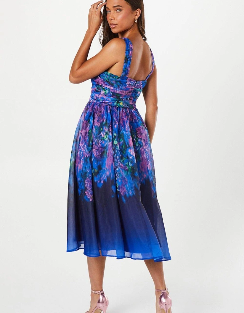 Petite Printed Organza Notch Neck Midi Dress