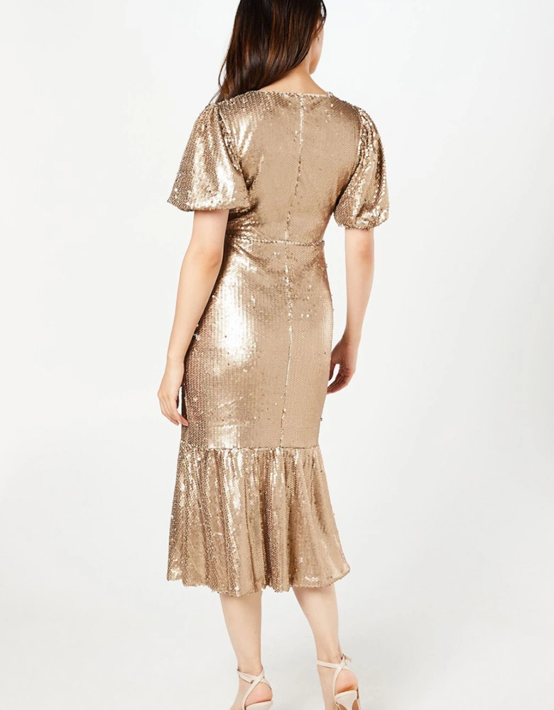 Party Sequin Gold Midi Dress With Puff Sleeve