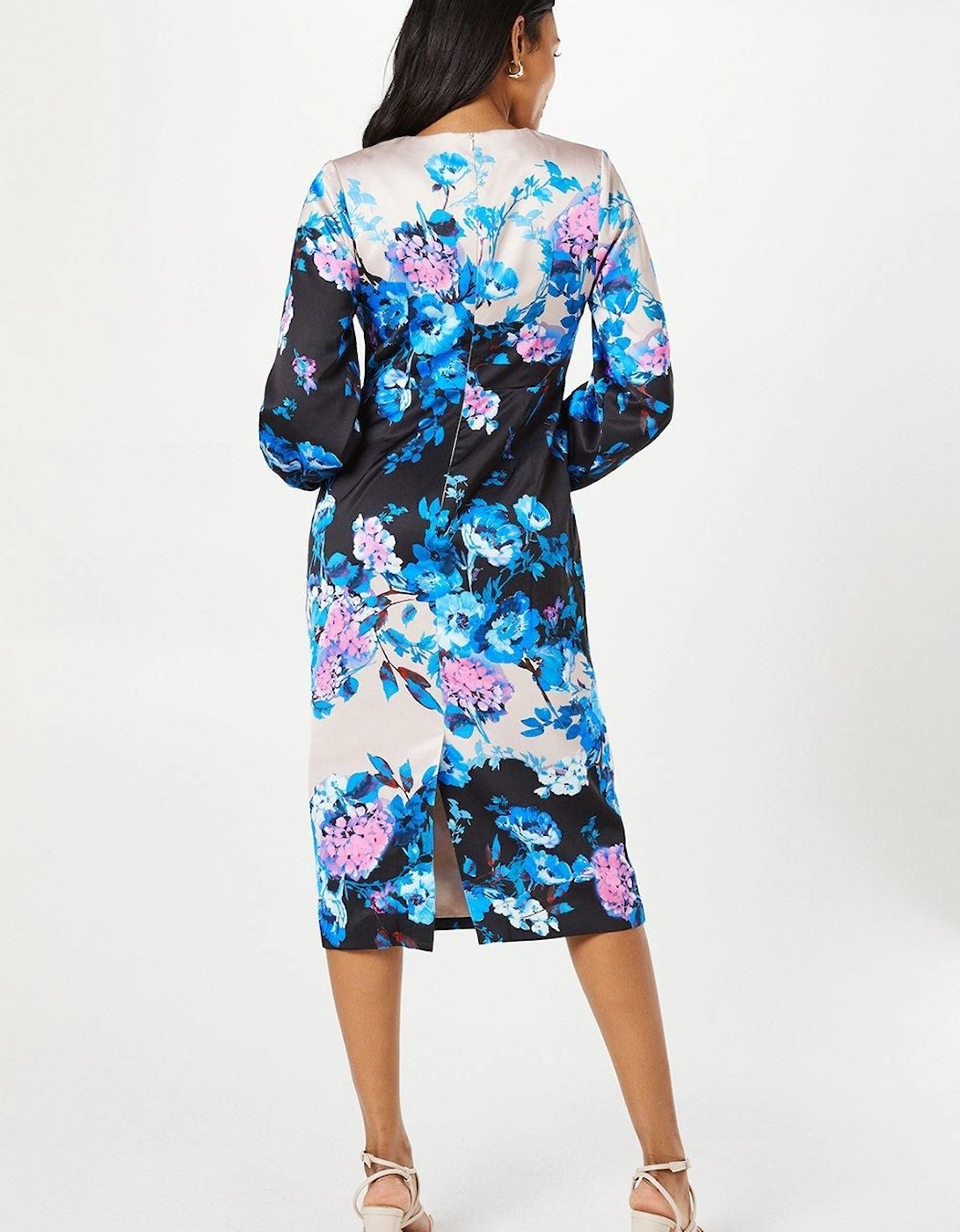 Floral Print Long Sleeve Midi Wedding Guest Dress