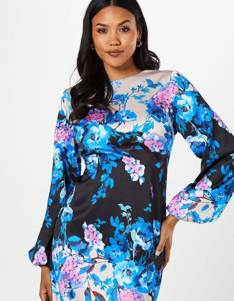 Floral Print Long Sleeve Midi Wedding Guest Dress