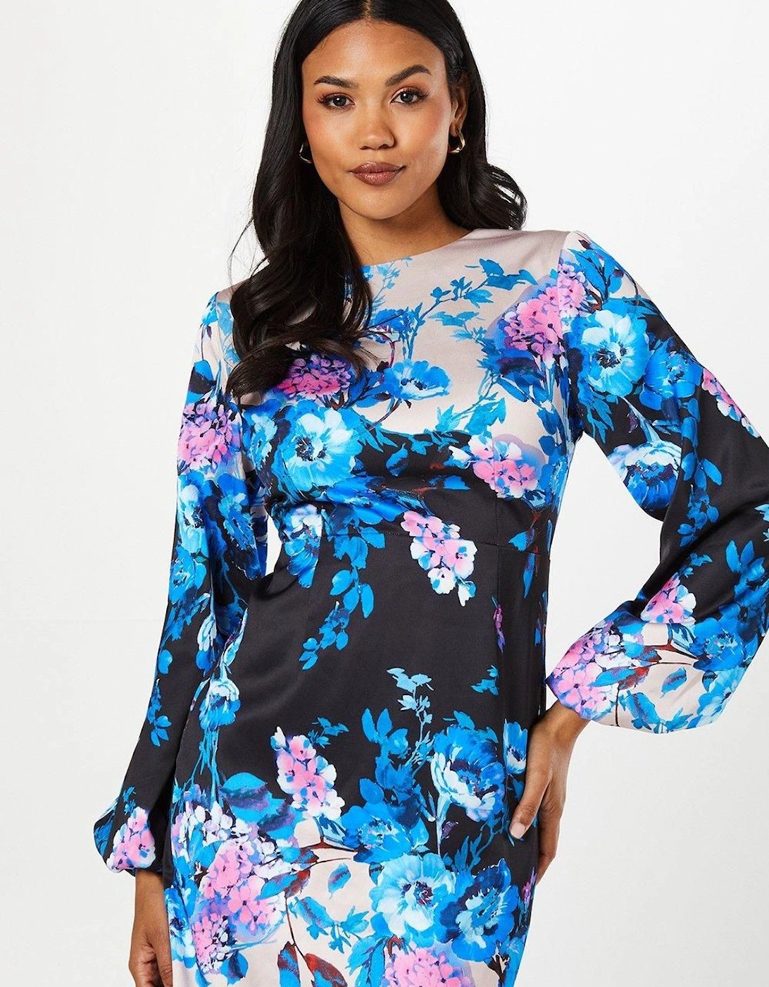 Floral Print Long Sleeve Midi Wedding Guest Dress