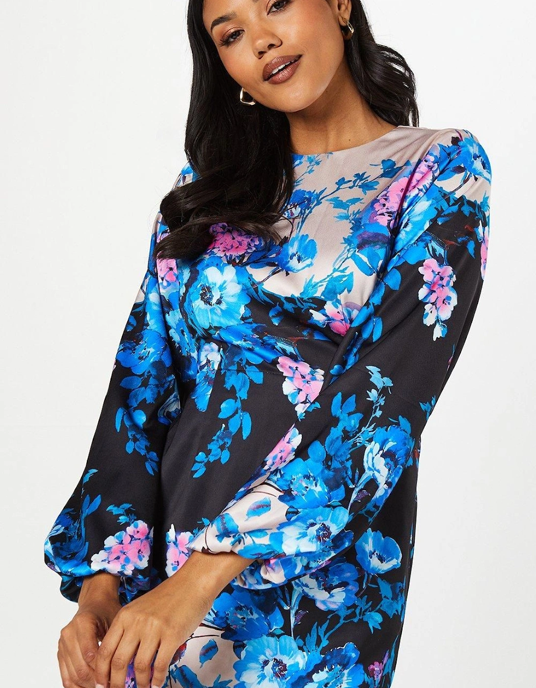 Floral Print Long Sleeve Midi Wedding Guest Dress