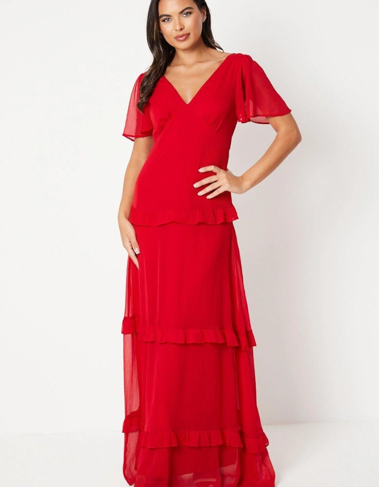 Angel Sleeve Tiered Chiffon Midi Dress