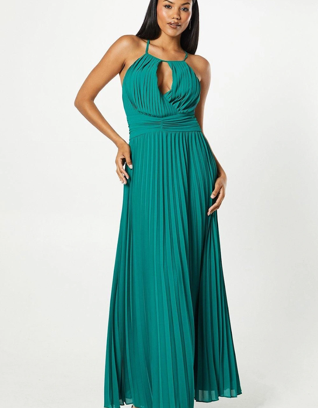 All Over Pleated Georgette Halter Neck Maxi Dress, 6 of 5