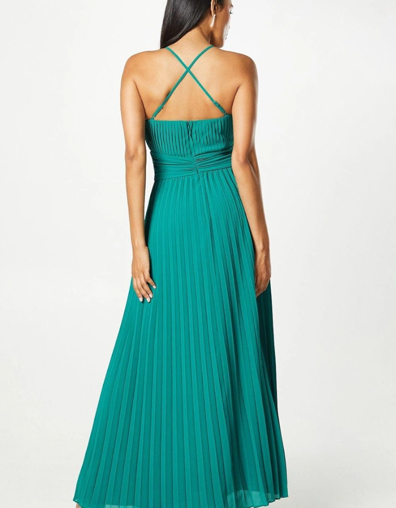 All Over Pleated Georgette Halter Neck Maxi Dress