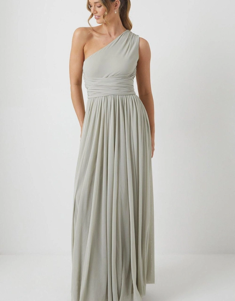 One Shoulder Wrap Waist Stretch Mesh Bridesmaid Dress