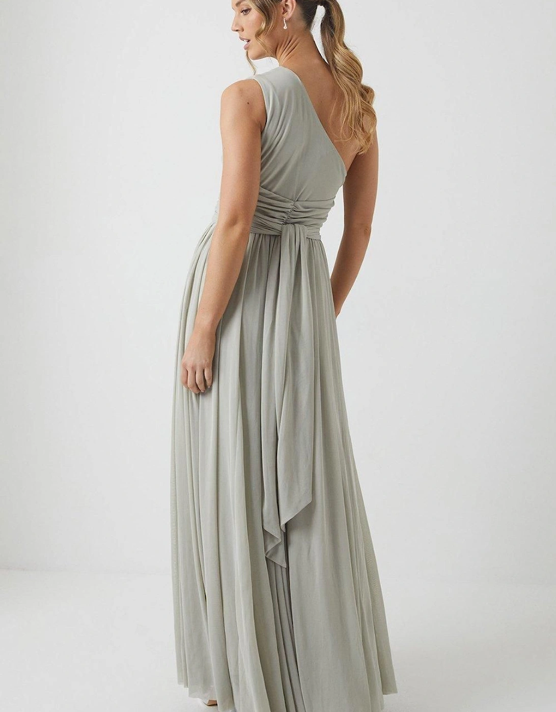 One Shoulder Wrap Waist Stretch Mesh Bridesmaid Dress