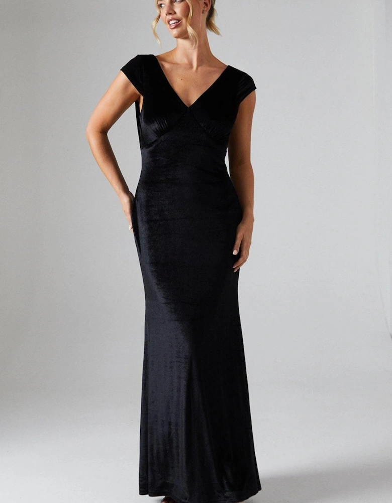 Cap Sleeve Cowl Back Velvet Bridesmaid Dress