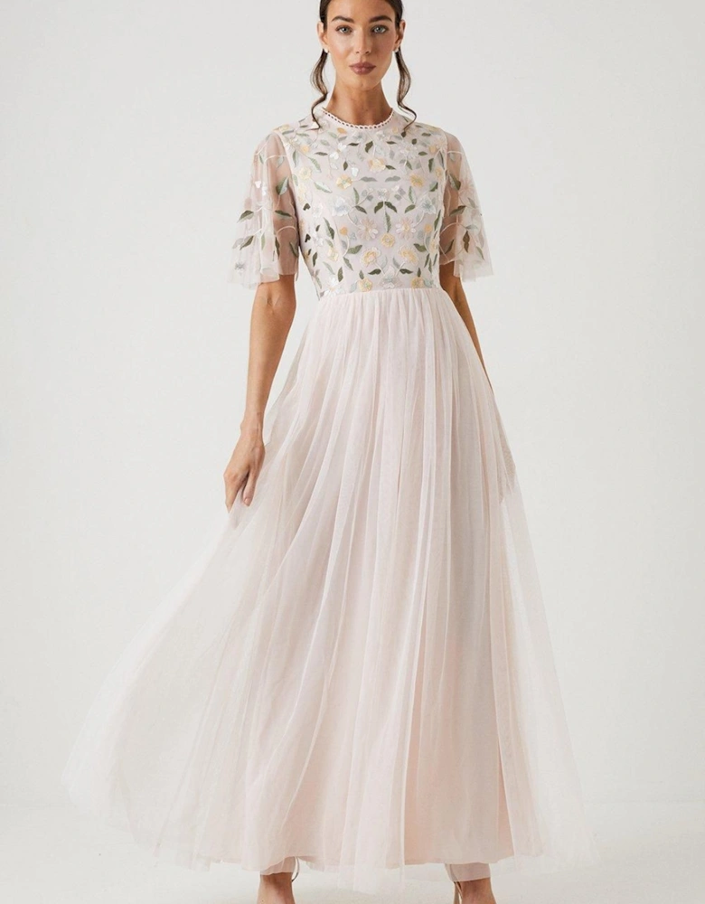 Wildflower Embroidered Top Mesh Skirt Bridesmaid Dress