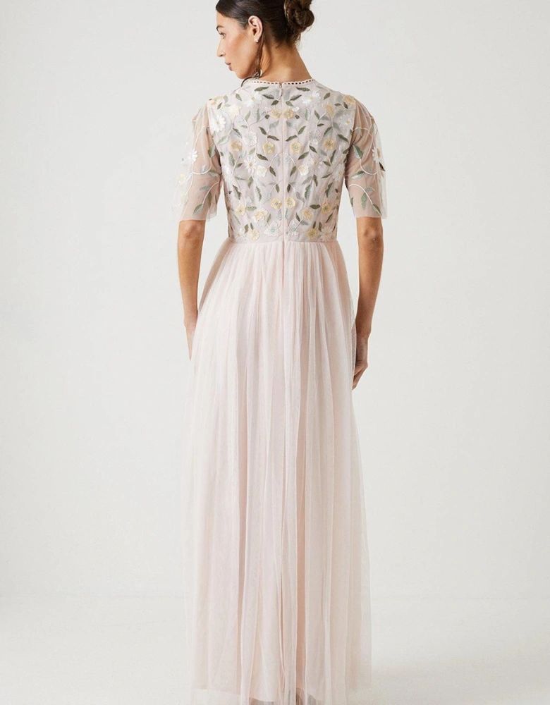 Wildflower Embroidered Top Mesh Skirt Bridesmaid Dress