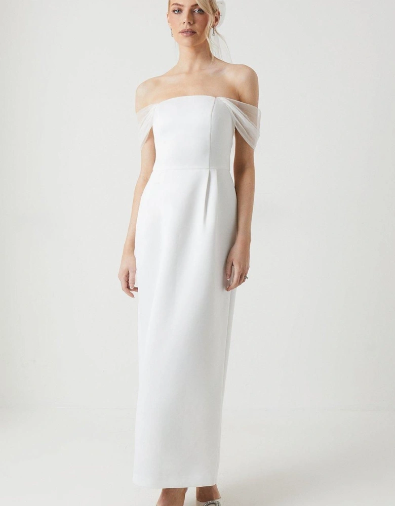 Bardot Tulle Sleeve Column Maxi Wedding Dress