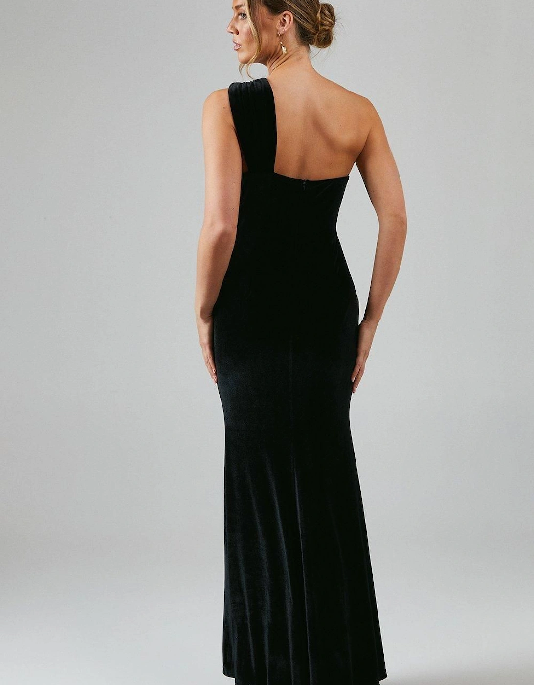 One Shoulder Twist Detail Velvet Maxi Bridesmaid Dress