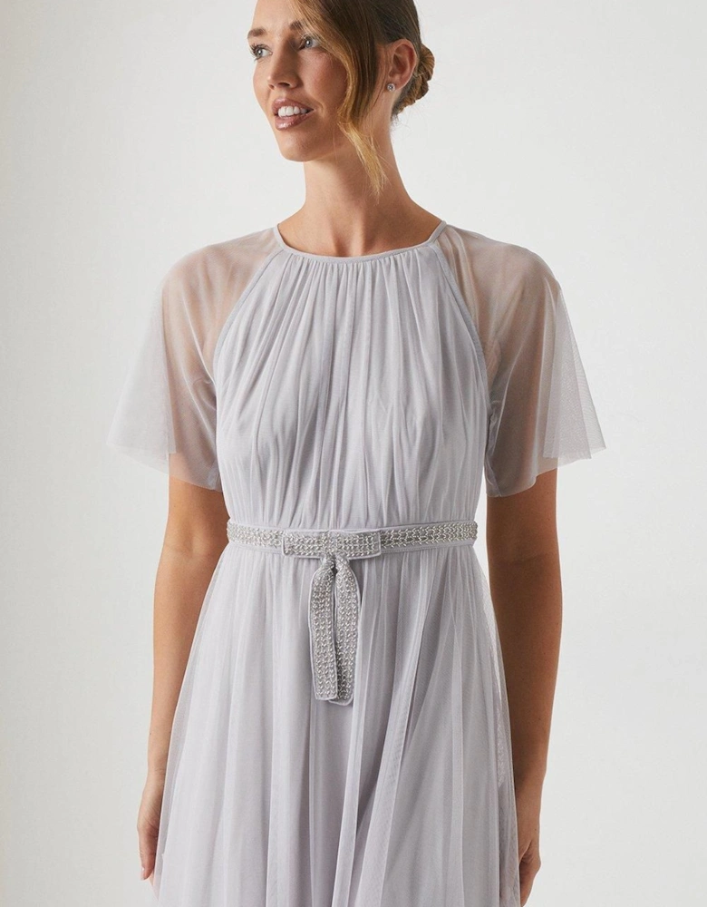 Bow Detail Angel Sleeve Mesh Bridesmaids Maxi Dress