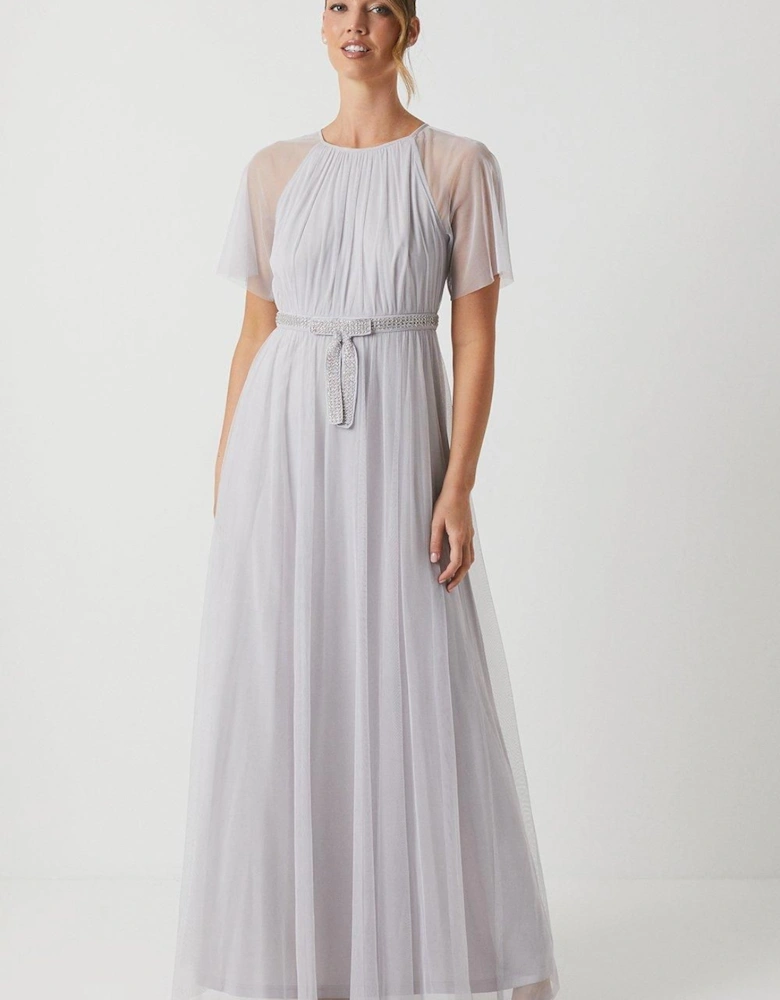 Bow Detail Angel Sleeve Mesh Bridesmaids Maxi Dress