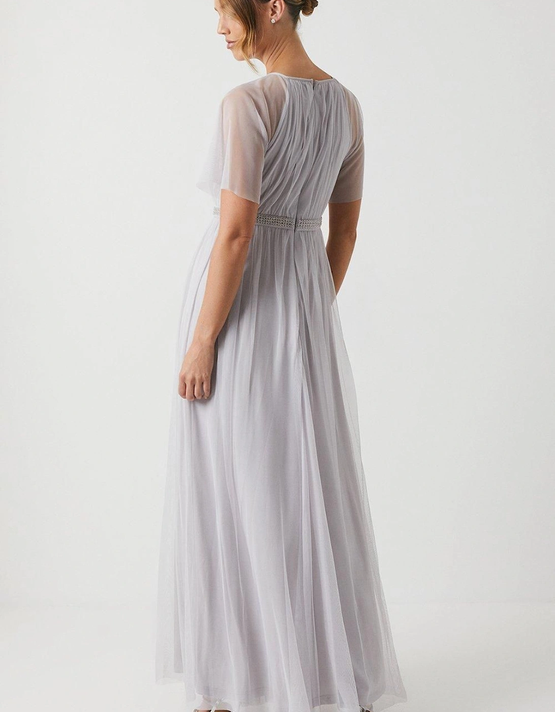 Bow Detail Angel Sleeve Mesh Bridesmaids Maxi Dress