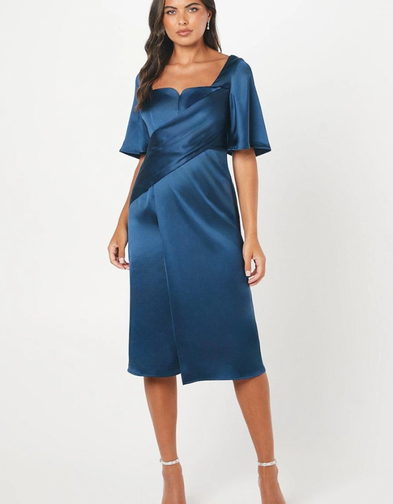 Satin Wrap Waist Flutter Sleeve Midi Wedding Guest Dress