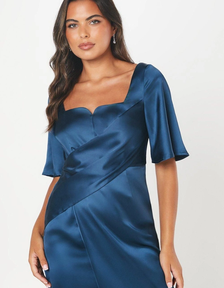 Satin Wrap Waist Flutter Sleeve Midi Wedding Guest Dress