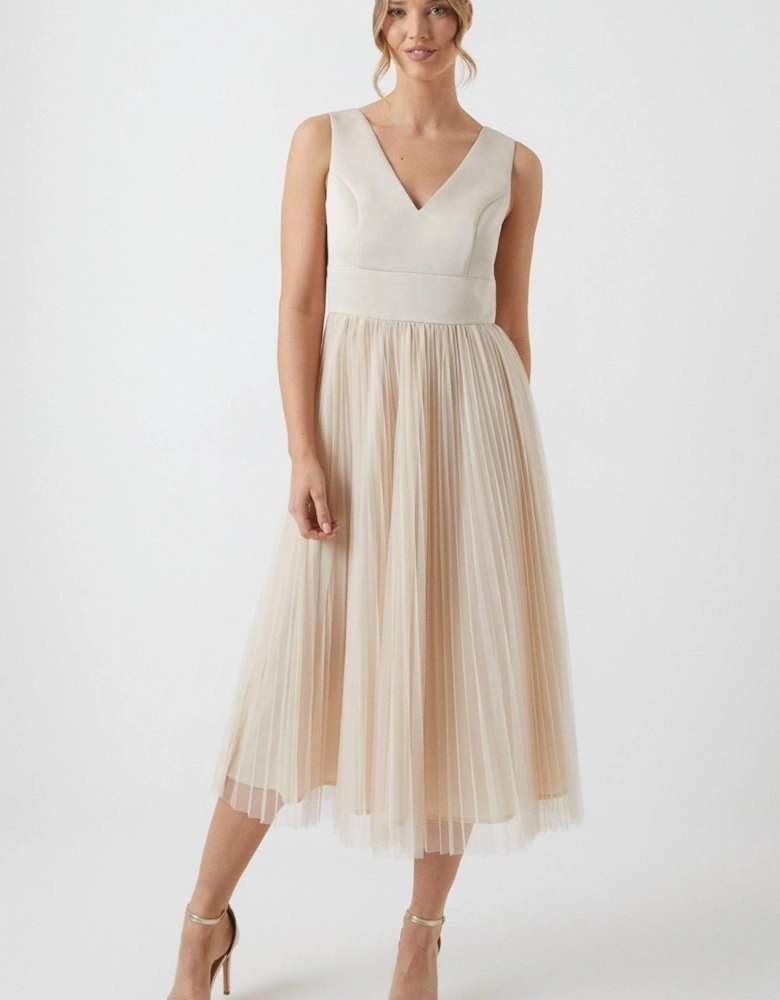 Satin Bodice Tulle Skirt Midi Bridesmaids Dress