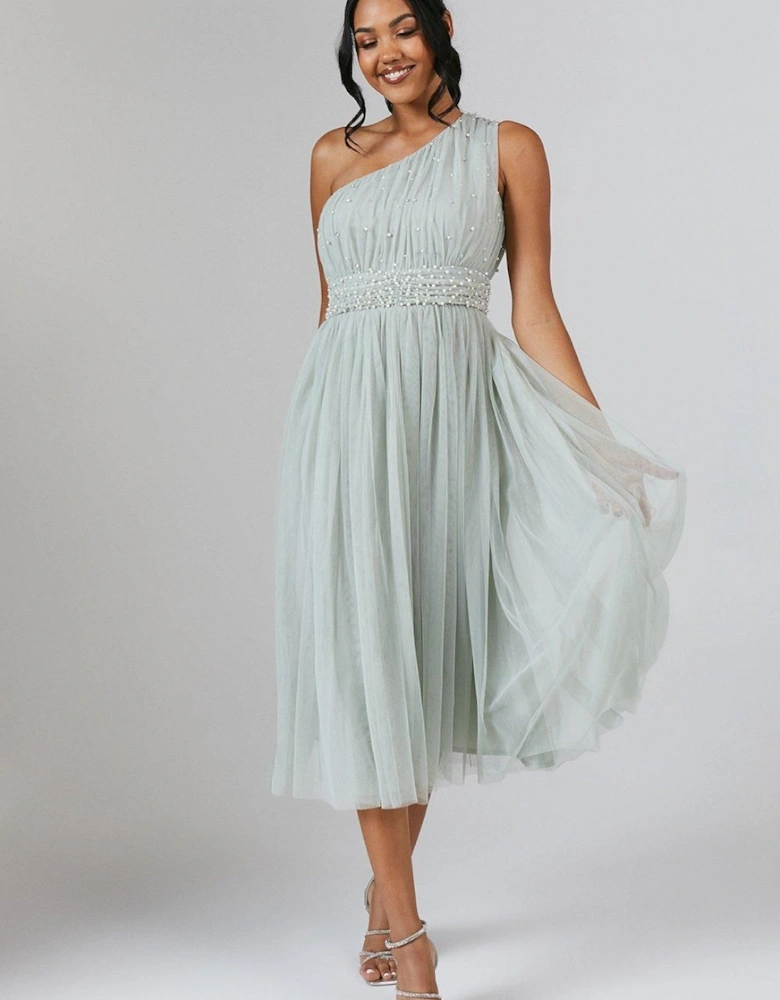 One Shoulder Pearl Embellished Mesh Bridesmaid Midi Dress