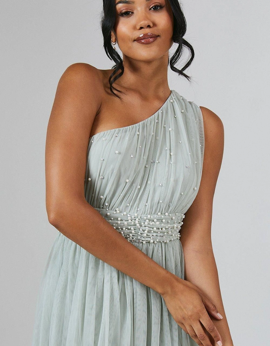 One Shoulder Pearl Embellished Mesh Bridesmaid Midi Dress