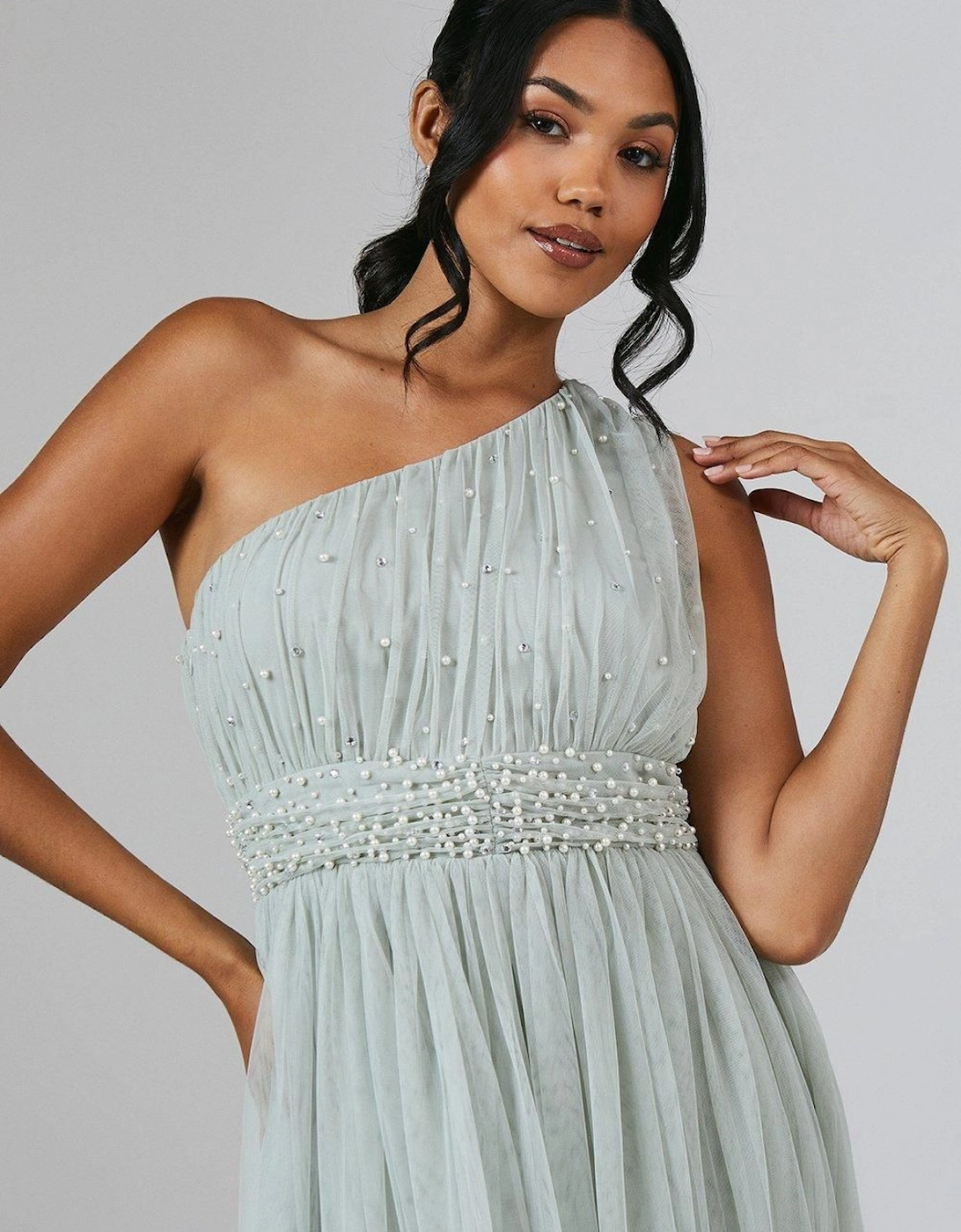 One Shoulder Pearl Embellished Mesh Bridesmaid Midi Dress