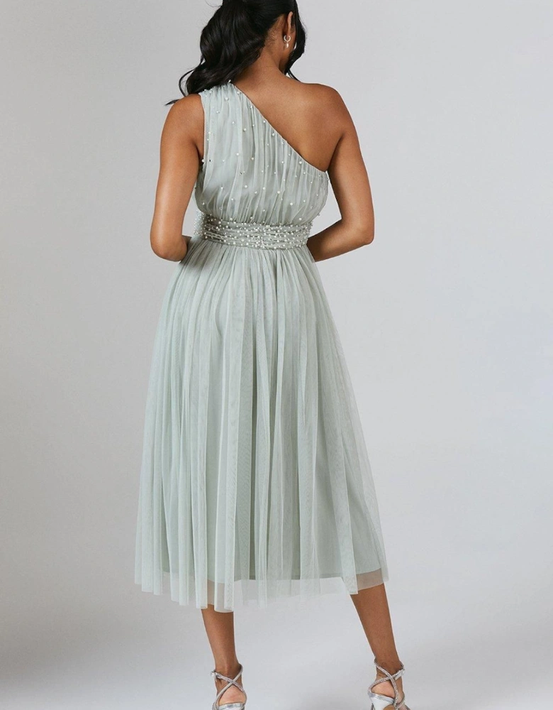 One Shoulder Pearl Embellished Mesh Bridesmaid Midi Dress