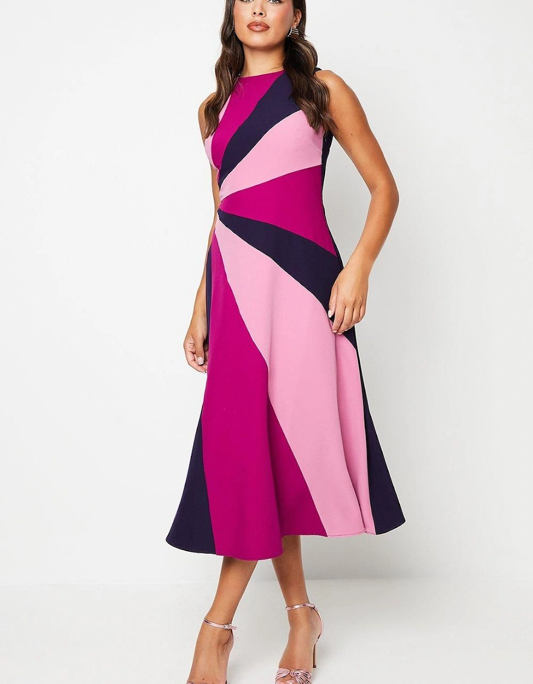 Crepe Colour Block Midi Wedding Guest Dress, 6 of 5