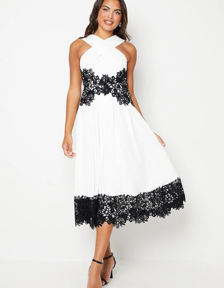 Cross Front Halter Neck Crepe Midi Wedding Guest Dress With Lace Trims