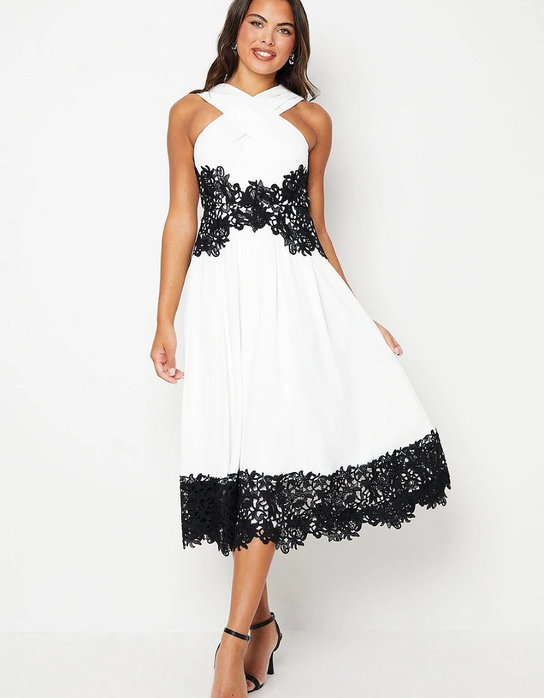 Cross Front Halter Neck Crepe Midi Wedding Guest Dress With Lace Trims