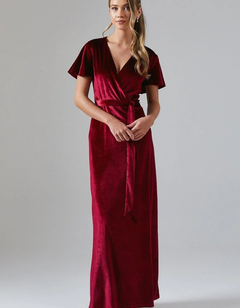 Teen Velvet Angel Sleeve Bridesmaids Maxi Dress