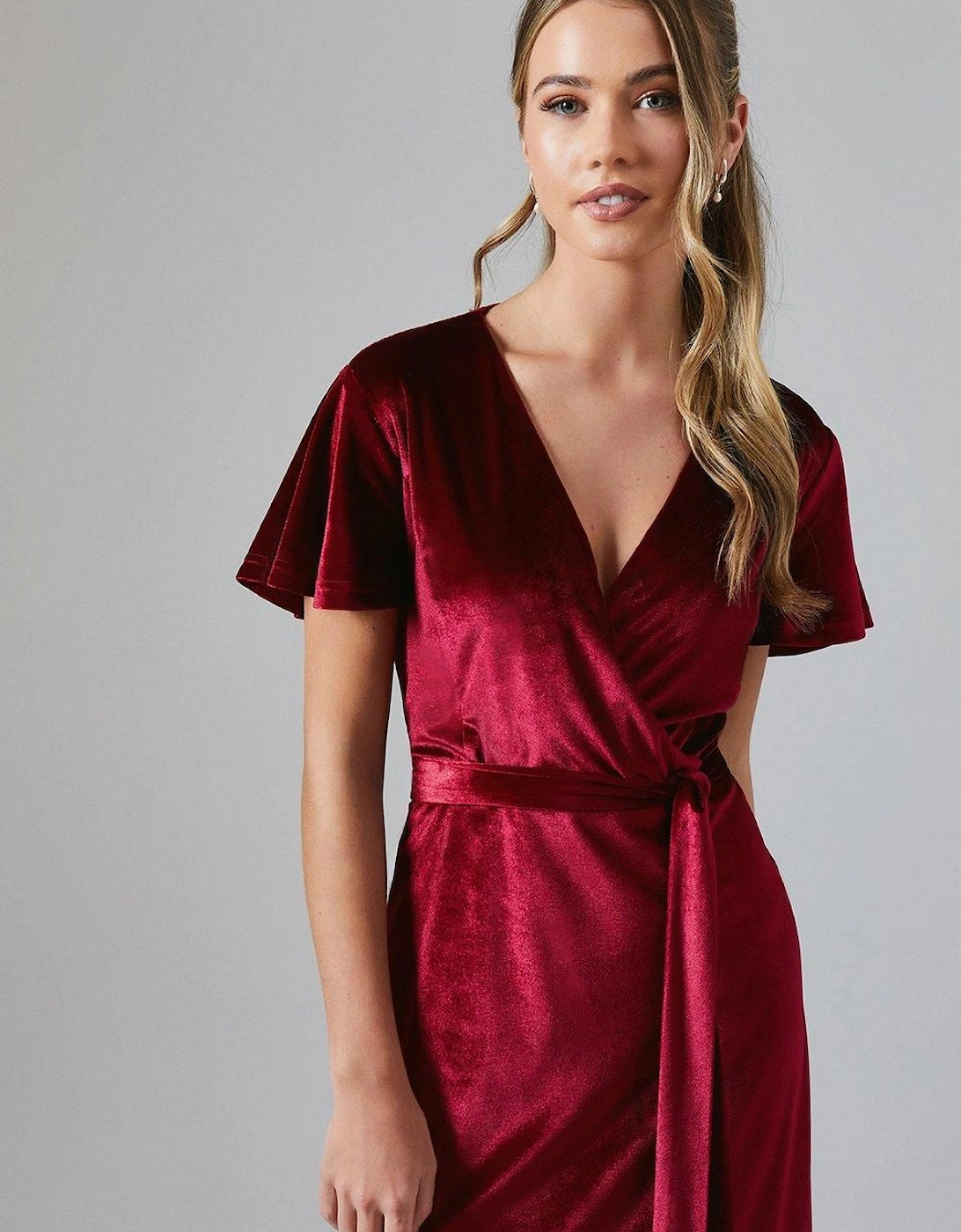 Teen Velvet Angel Sleeve Bridesmaids Maxi Dress