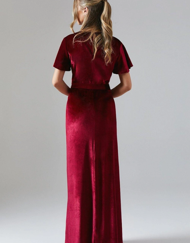 Teen Velvet Angel Sleeve Bridesmaids Maxi Dress