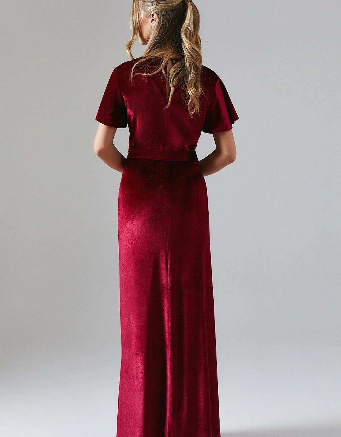 Teen Velvet Angel Sleeve Bridesmaids Maxi Dress