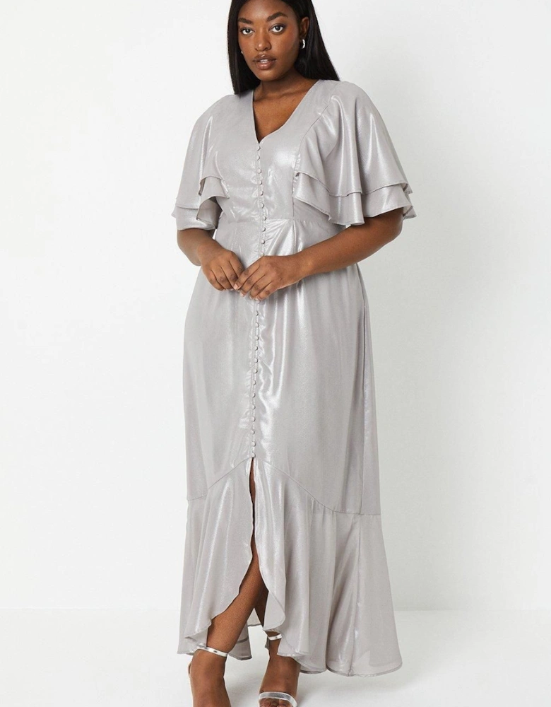 Plus Midaxi Metallic Dress With Frill Sleeves