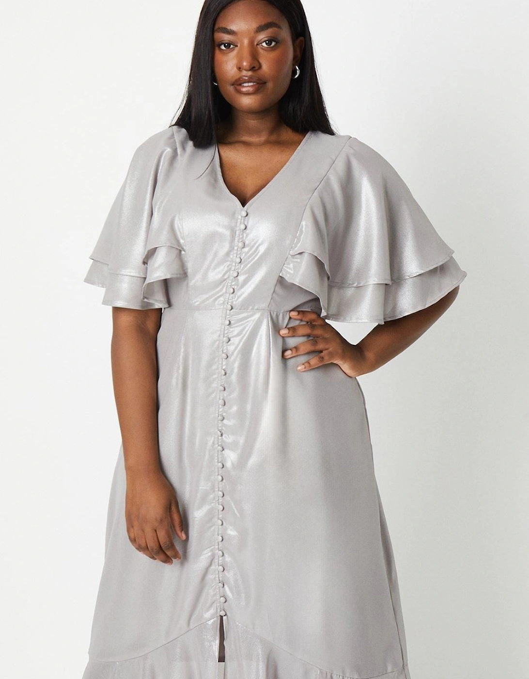 Plus Midaxi Metallic Dress With Frill Sleeves