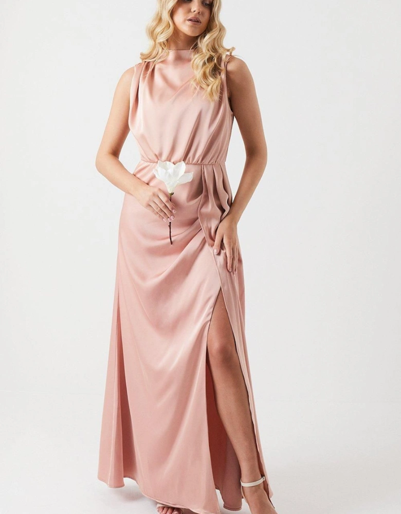 Cowl Neck Sash Satin Bridesmaid Dress