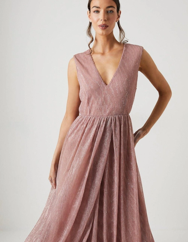 Metallic Plisse V Neck Bridesmaid Dress