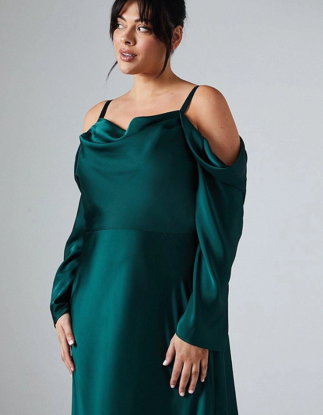 Plus Size Long Sleeve Cowl Neck Satin Bridesmaids Dress