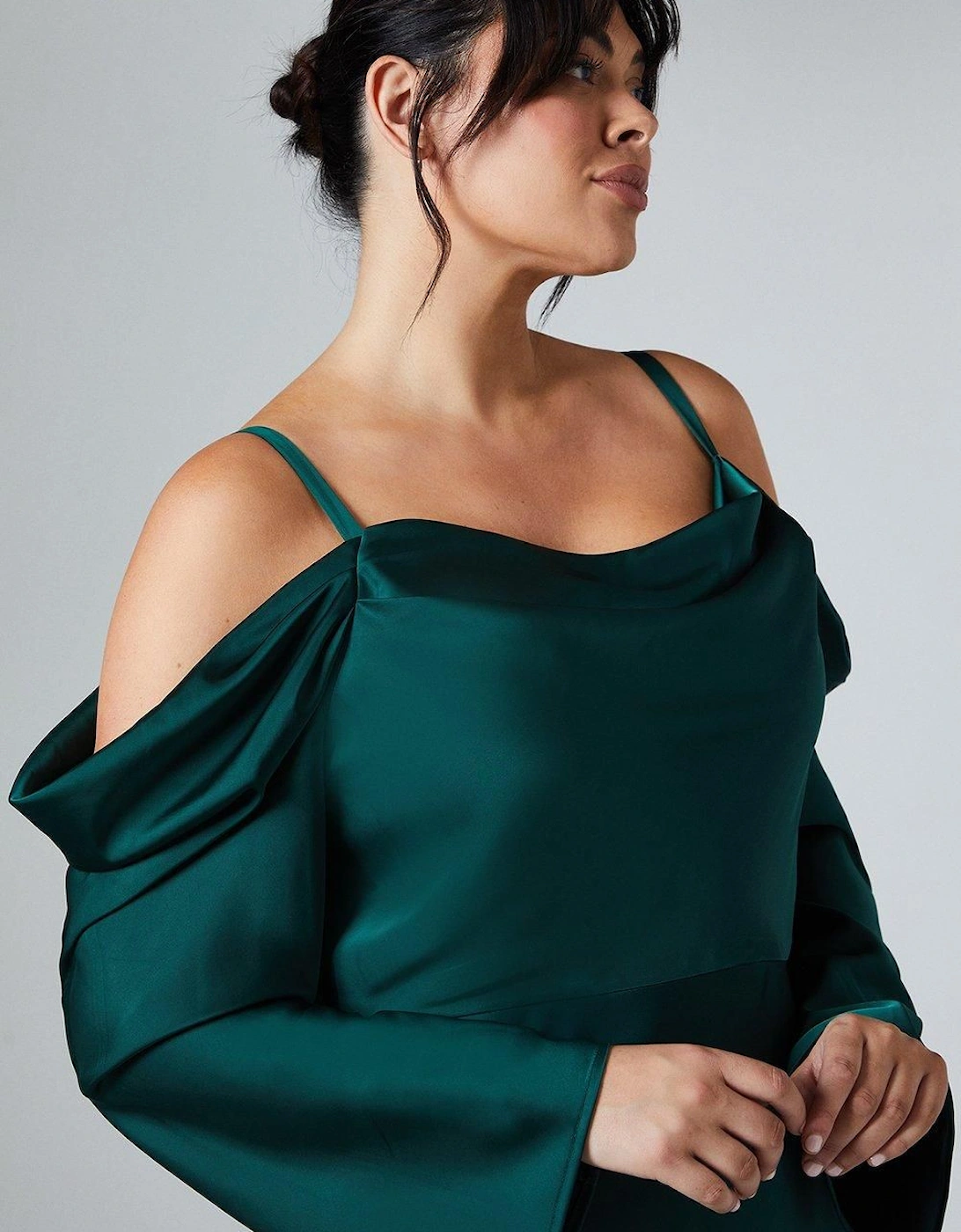 Plus Size Long Sleeve Cowl Neck Satin Bridesmaids Dress