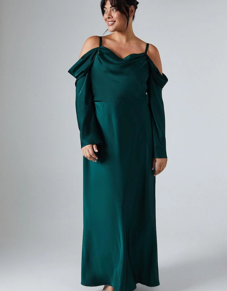 Plus Size Long Sleeve Cowl Neck Satin Bridesmaids Dress