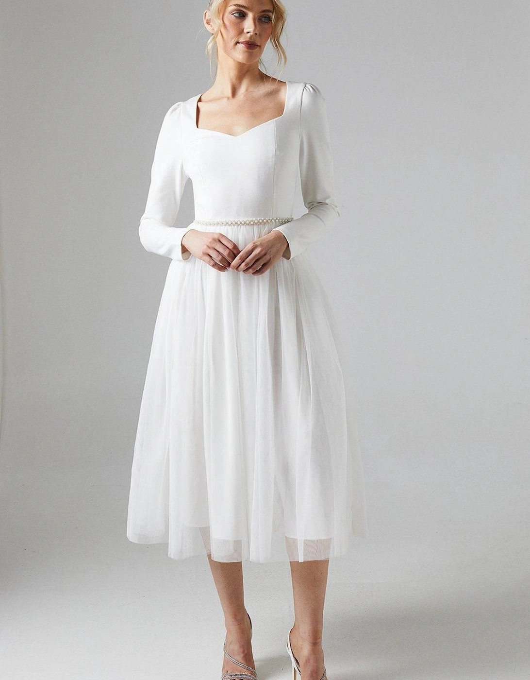 Long Sleeve Ponte Midi Wedding Dress With Tulle Skirt, 6 of 5