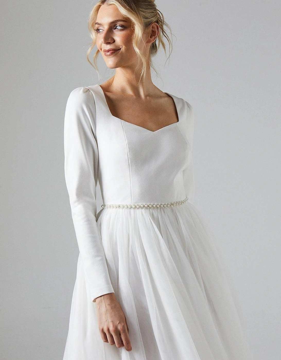 Long Sleeve Ponte Midi Wedding Dress With Tulle Skirt