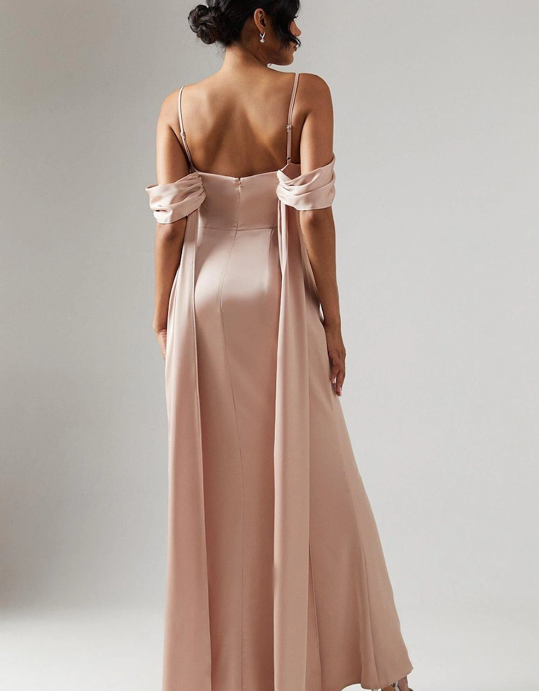 Wrap Bodice Draped Sleeve Satin Maxi Bridesmaid Dress