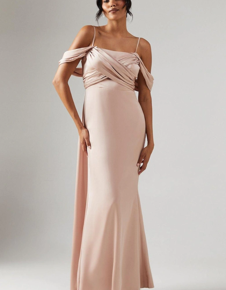 Wrap Bodice Draped Sleeve Satin Maxi Bridesmaid Dress