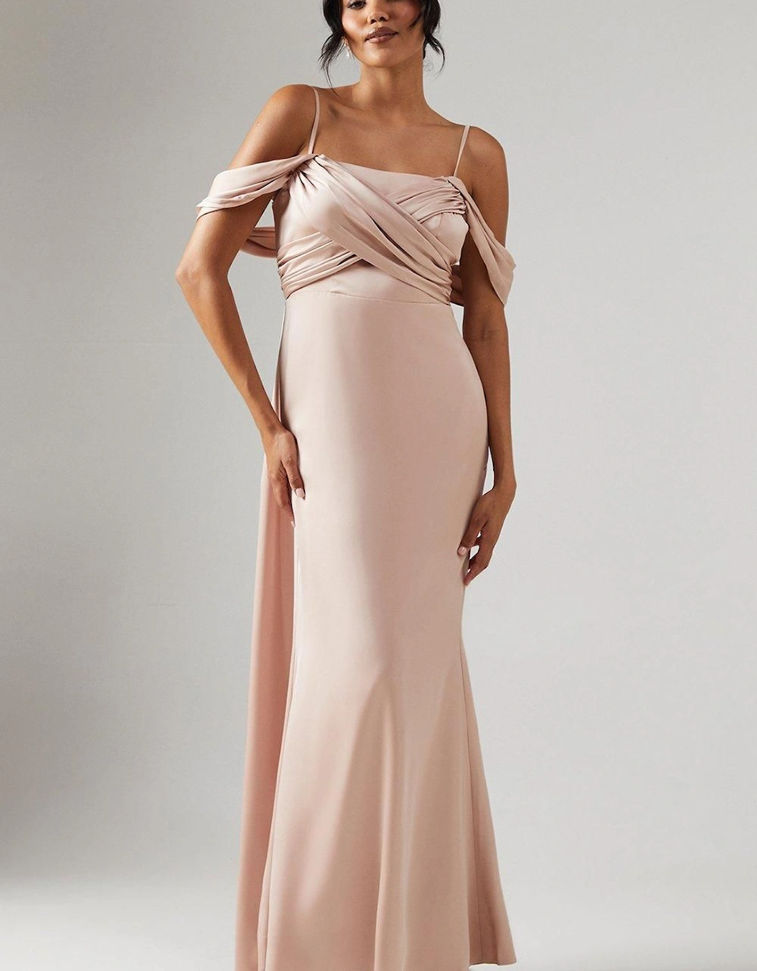 Wrap Bodice Draped Sleeve Satin Maxi Bridesmaid Dress, 6 of 5