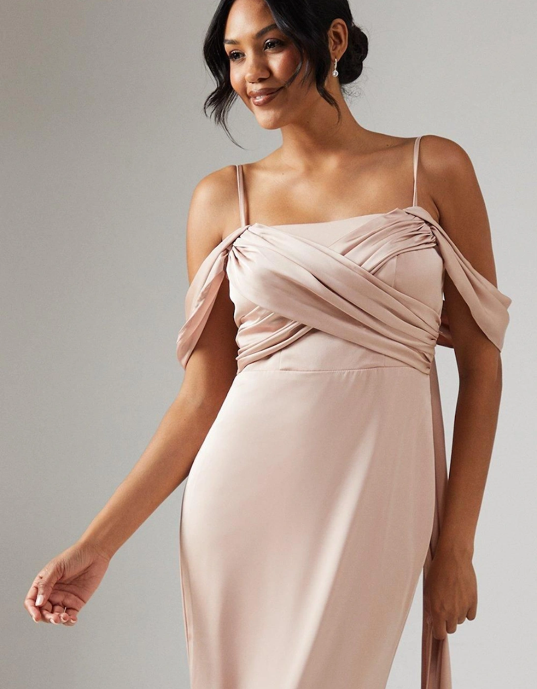 Wrap Bodice Draped Sleeve Satin Maxi Bridesmaid Dress