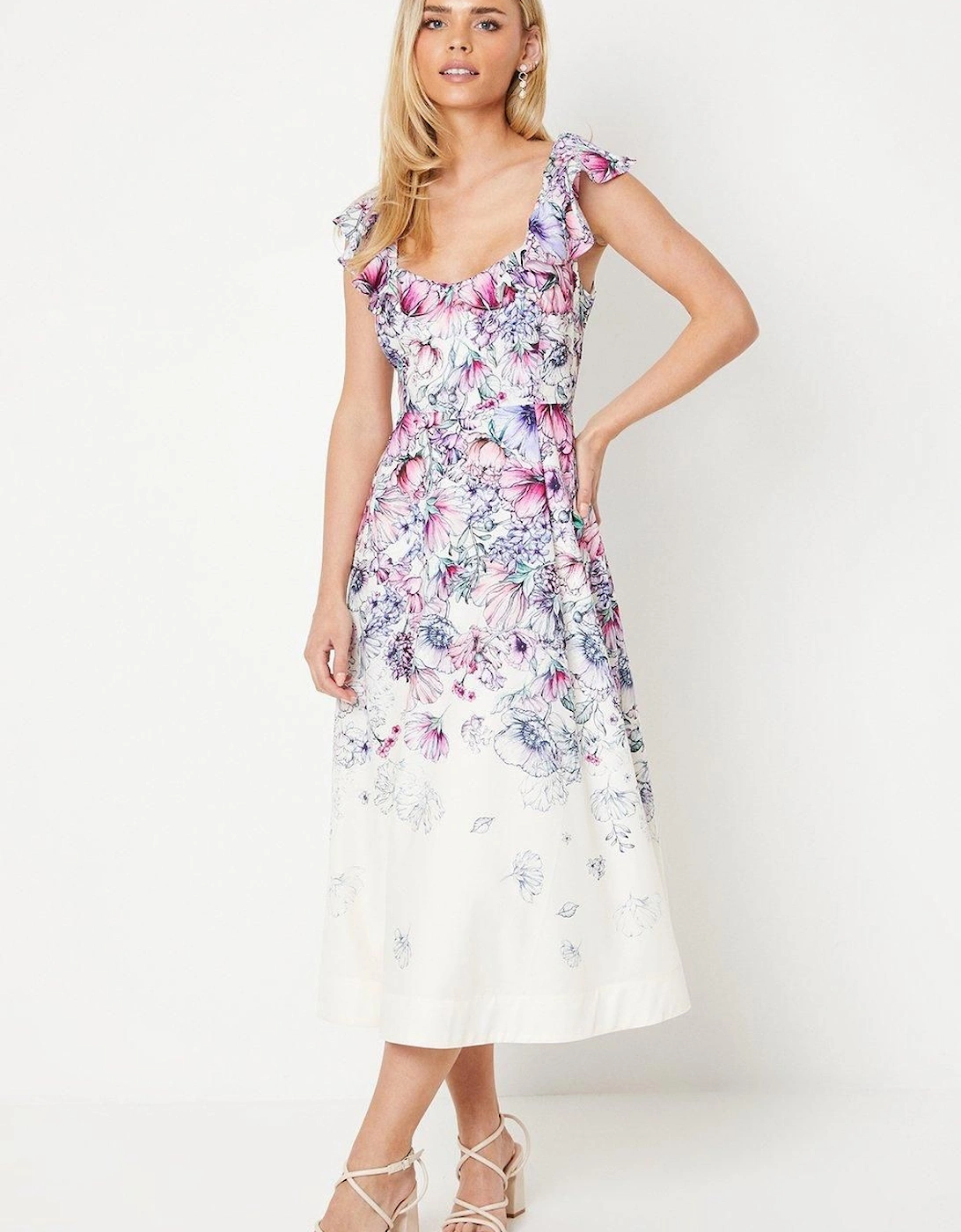 Petite Ruffle Shoulder Cotton Midi Dress In Floral Print, 2 of 1