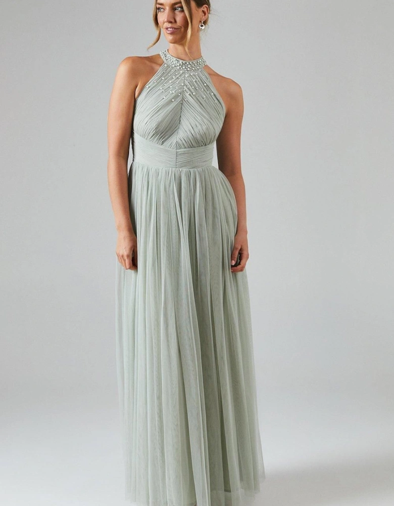 Mesh Halterneck Bridesmaid Maxi Dress