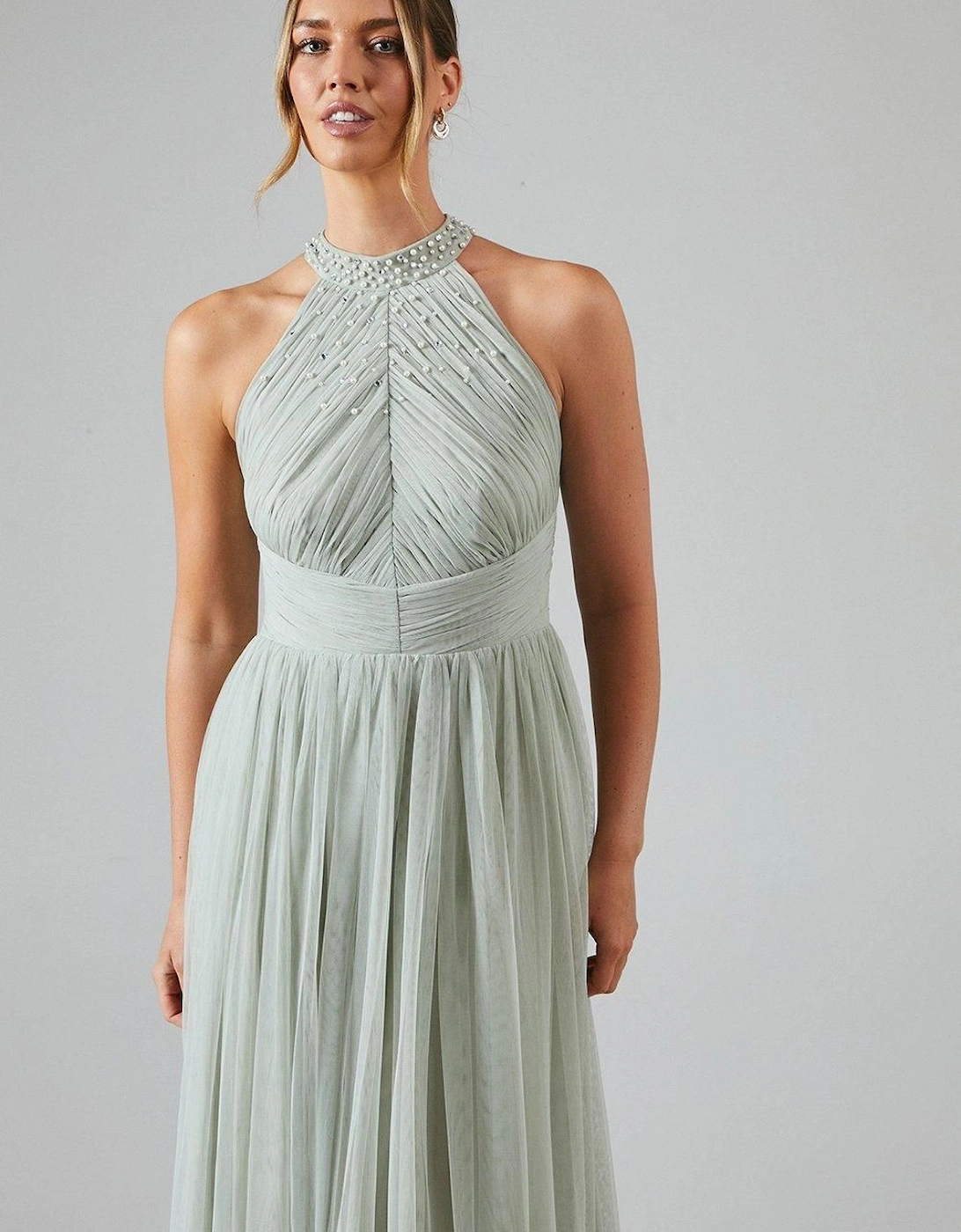 Mesh Halterneck Bridesmaid Maxi Dress