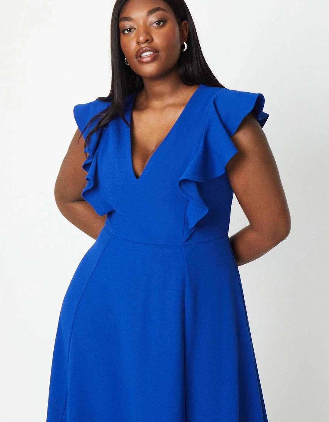 Plus Fit & Flare Midi Dress With V Neck & Ruffle